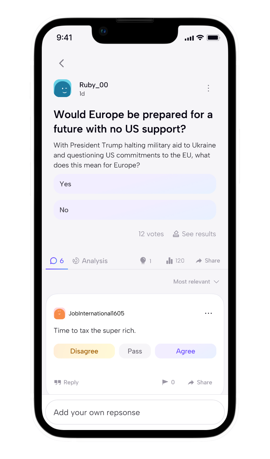 Phone mockup showing the citizen dialogue feed